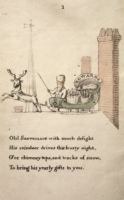 Santeclaus mit Schlitten und Rentieren, aus The Childrens Friend veröffentlicht 1821 von American School