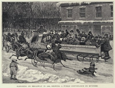 Schlittenfahren auf dem Broadway im Jahr 1860, ein öffentliches Verkehrsmittel auf Kufen zeigend von American School