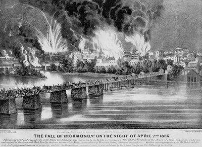 Der Fall von Richmond, Va. in der Nacht des 2. April 1865, veröffentlicht von Currier & Ives, 1865 von American School
