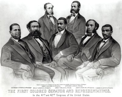 Der erste farbige Senator und Vertreter im 41. und 42. Kongress der Vereinigten Staaten, veröffentlicht von Currier und Ives, 1872 von American School