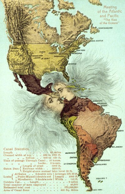 Der Panamakanal, Pazifik und Atlantik küssen sich (Farblitho) von American School
