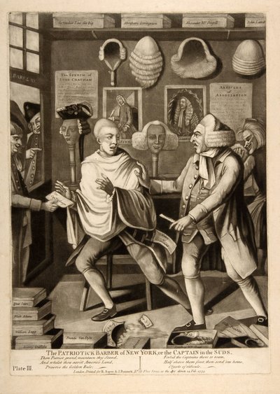 Der patriotische Friseur von New York oder der Kapitän in den Seifenblasen, veröffentlicht 1775 von American School