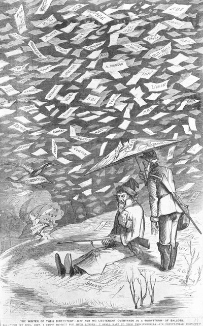 Der Winter ihrer Unzufriedenheit, Jeff und sein Leutnant in einem Schneesturm von Stimmzetteln erwischt, ca. 1894 von American School