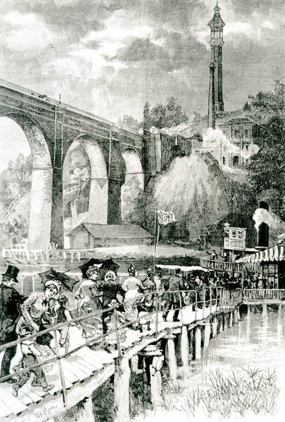 Touristen kehren zu ihrem Dampfer am Harlem River zurück, mit der High Bridge links, graviert von W.A. Rogers für Harpers Weekly, 24. Juli 1880 von American School