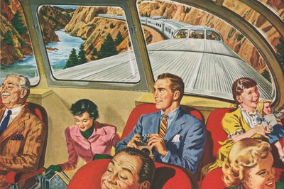 Reisende genießen eine futuristische Zugfahrt von American School
