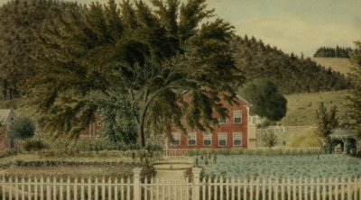 Ansicht eines roten Hauses mit Lattenzaun, 1854 von American School