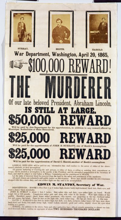 Washingtoner Kriegsministerium Plakat, das eine Belohnung von 100.000 $ für die Ergreifung des Mörders von Abraham Lincoln ankündigt, 20. April 1865 von American School