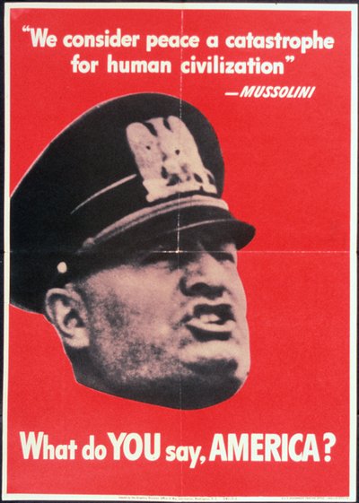"Was sagst DU, AMERIKA?", US-Poster aus dem 2. Weltkrieg mit dem Gesicht von Mussolini, Anonym, ca. 1942 von American School
