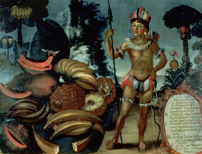 Yumbo-Indianer aus der Umgebung von Quito, Ecuador, mit verschiedenen Früchten und Bäumen von American School