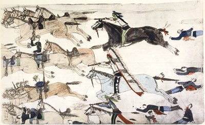 Schlacht am Little Bighorn, Montana, USA, 25.-26. Juni 1876, ca. 1900 von Amos Bad Heart Buffalo