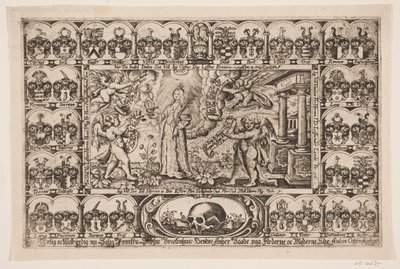 Sophie Brockenhuus und vier Genies, umgeben von Wappenschildern. Aus der Leichenpredigt von Anders Ottesen