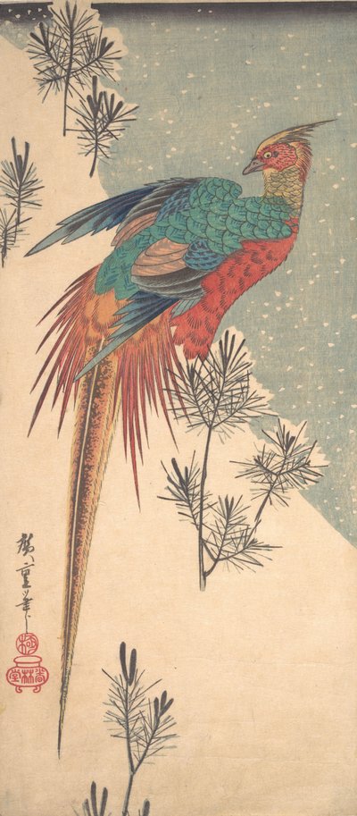 Goldfasan und Kieferntriebe im Schnee von Ando Hiroshige