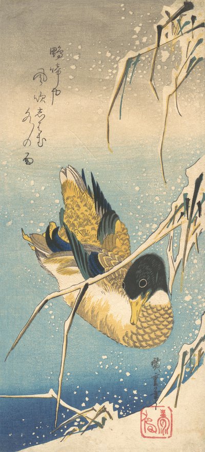 Stockente und schneebedeckte Schilfrohre, ca. 1832 von Ando Hiroshige
