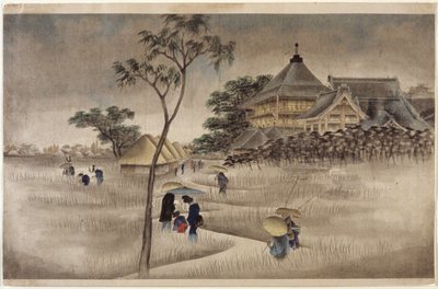 (Großes Gebäude mit Hütten darunter) von Ando or Utagawa Hiroshige