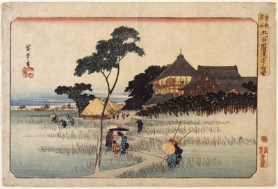 Großes Gebäude mit Hütten darunter von Ando or Utagawa Hiroshige
