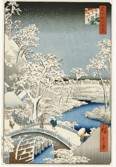 Trommelbrücke und "Sonnenuntergangshügel" in Meguro, aus der Serie "Hundert Ansichten berühmter Orte in Edo" von Ando or Utagawa Hiroshige