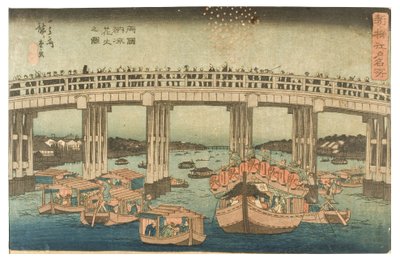 Feuerwerk in der Abendkühle an der Ryogoku-Brücke aus der Serie Berühmte Orte in Edo - Neu ausgewählt, ca. 1840-1842 von Ando or Utagawa Hiroshige