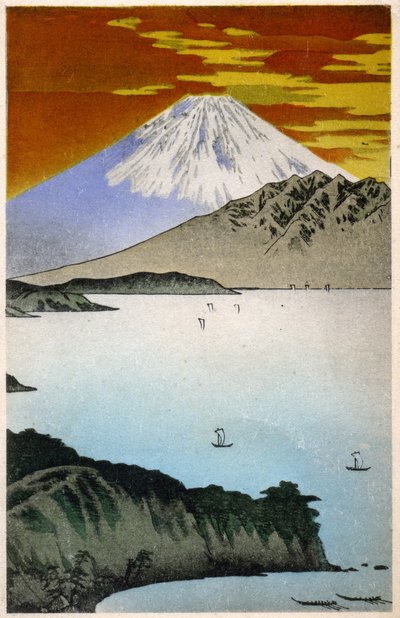 Geographie. Japan. Sonnenaufgang auf dem Berg Fuji. Holzschnitt von Hiroshige in: Dreiundfünfzig Stationen des Tokaido (1833-1834). Postkarte, Japan, ca. 1900 von Ando or Utagawa Hiroshige