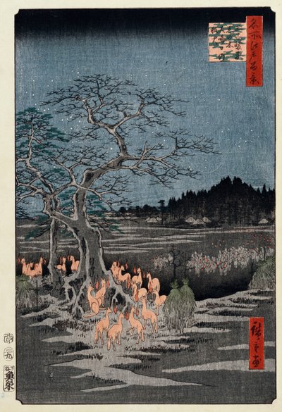 Silvester-Fuchsfeuer am Brennnesselbaum, Oji", aus der Serie "Hundert berühmte Ansichten von Edo" von Ando or Utagawa Hiroshige