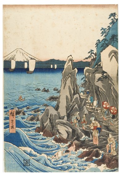Pilgerfahrt zur Ausstellung der Benzaiten-Statue im Hauptschrein von Iwaya in der Provinz Sagami, ca. 1847-1852 (Holzschnitt auf Papier) von Ando or Utagawa Hiroshige