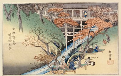 Rote Ahornblätter an der Tsuten-Brücke, aus der Serie "Berühmte Orte von Kyoto" von Ando or Utagawa Hiroshige