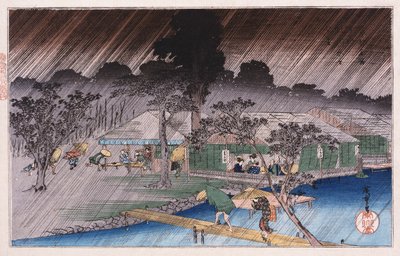 Abendlicher Regenschauer am Tadasu-Ufer, aus der Serie „Berühmte Orte von Kyoto“ von Ando or Utagawa Hiroshige