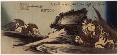 Zwei Löwen auf einer Klippe von Ando or Utagawa Hiroshige