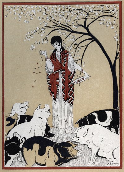 Odyssee von Homer: Die Hexe Circe und die Gefährten des Odysseus, die in Schweine verwandelt wurden. Illustration von Andre Bonamy (1880-1943) in „Le retour d
