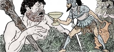 Odyssee von Homer: Odysseus bietet Polyphem, dem Zyklopen, einen Becher Wein an von Andre Bonamy