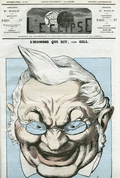 Karikatur von „dem Mann, der lacht“, Adolphe Thiers (1797-1877), französischer Politiker. Titelblatt in „L