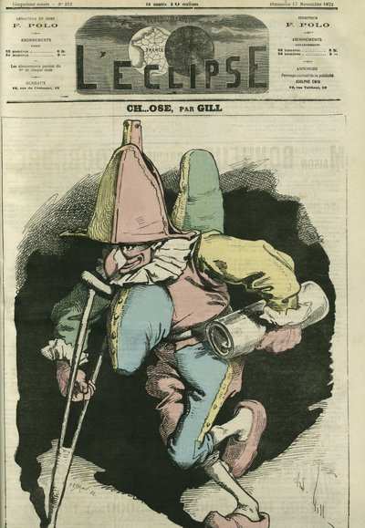 Ch... wagt, Illustration eines Harlekins mit einem Schnabel und einem Horn auf Bauch und Rücken. Titelblatt in „L