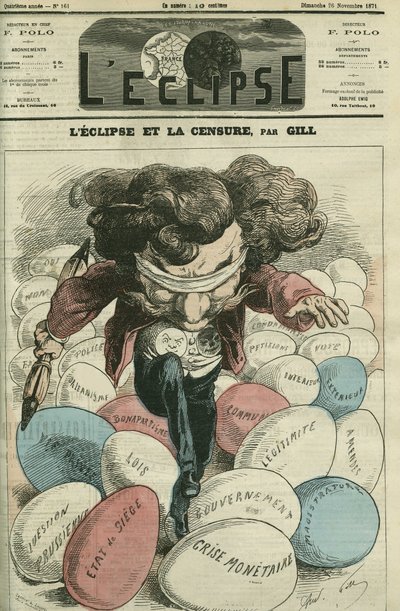 Eclipse und Zensur, eine Illustration von Gill, der auf Eiern geht. Titelblatt in „L