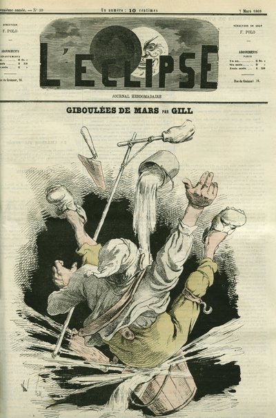 Giboulees de mars, Illustration eines Mannes, der in einen Eimer fällt. Titelblatt in „L