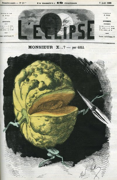Mr. X... eine Illustration einer Melone von Gill als Reaktion auf Zensur. Titelblatt in „L