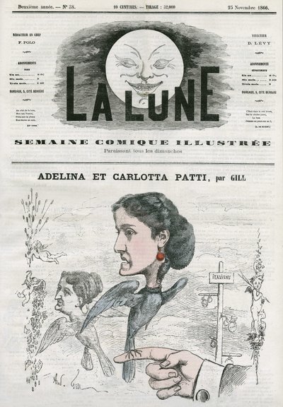 Porträt von Adelina (1843-1919) und Carlotta Patti (1835-1889), italienische Opernsängerinnen. Karikatur von Gill, in „The Moon“, 25. November von Andre Gill