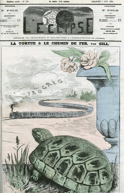 Die Schildkröte und die Eisenbahn, eine Illustration der technologischen Fortschritte der Eisenbahnen. Titelblatt in „L