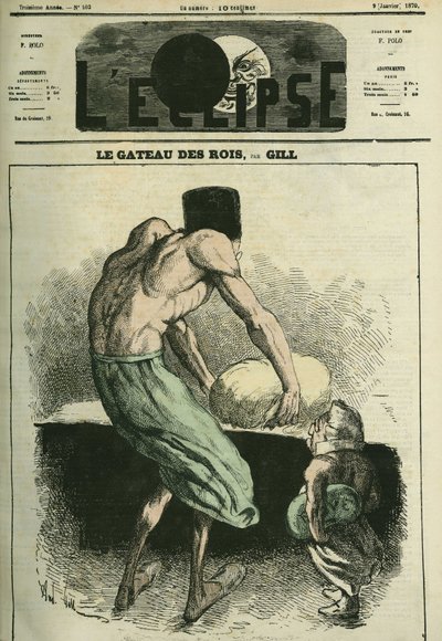 Der Kuchen der Könige, einer knetet den Teig, der andere hält die Bohne. Titelblatt in „L