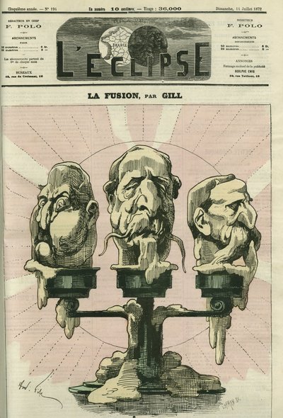 Die Fusion, eine Illustration der Verfassung der Versammlung, mit Royalisten, Bonapartisten und Republikanern. Titelblatt in „L