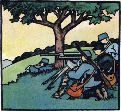 Erster Weltkrieg 1914-1918: Soldaten der französischen Armee benutzen Maschinengewehre auf den Schlachtfeldern. Gravur in „Alphabet des Großen Krieges 1914-1916 (für die Kinder unserer Soldaten)“. Editions Berger-Levrault von Andre Helle
