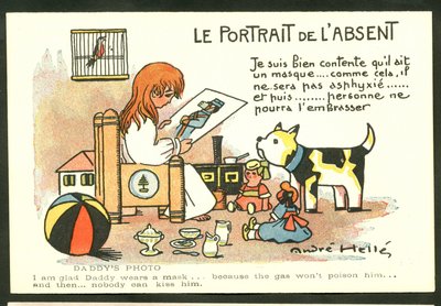 Postkarte, Farb-Satire: Das Porträt des Abwesenden - Krieg von 14-18, Kinderillustration von Andre Helle (1875-1945) von Andre Helle