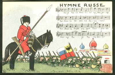 Postkarte, Satirisch in Farben: Russische Hymne - Krieg von 14-18, Russland, Gesang - Soldaten Illustration von Andre Helle (1875-1945) von Andre Helle