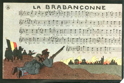 Postkarte, Satirisch in Farben, circa 1915: La brabanconne - Krieg von 14 -18, Belgien, Gesang - Soldaten Illustration von Andre Helle von Andre Helle