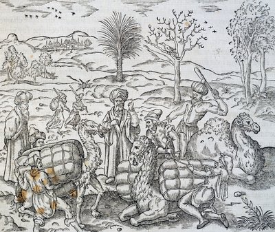 Arabische Händler in Syrien, Gravur aus der Universal Cosmology, von Andre Thevet von Andre Thevet