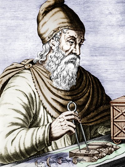 Archimedes (287-212 v. Chr.), griechisch-sizilianischer Physiker und Mathematiker, koloriertes Dokument von Andre Thevet