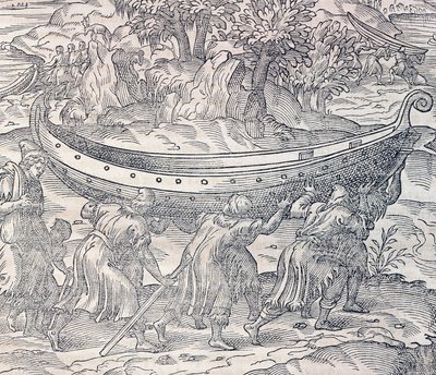 Lappen tragen ihre Boote von einem Ort zum anderen, Stich aus Universal Cosmology, von Andre Thevet, Paris von Andre Thevet