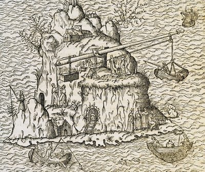 Transporttechnik für Boote auf der Insel Kreta, Gravur aus La Cosmographie Universelle, von Andre Thevet von Andre Thevet