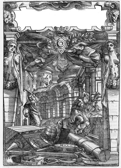 Tafel aus dem Buch „De architectura“, behandelt die Architektur von Marcus Vitrubius Pollio genannt Vitruv (1. Jahrhundert v. Chr.), römischer Architekt. Italienische Ausgabe von 1556. Gravur nach einer Zeichnung von Palladio. von Andrea (after) Palladio