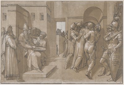 Christus wird weggeführt, Soldaten stehen auf der rechten Seite des Blattes, 1585 von Andrea Andreani