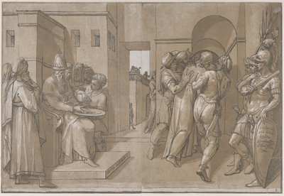 Pilatus links wäscht sich die Hände, linke Seite des Blattes, 1585 von Andrea Andreani
