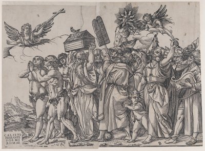 Abschnitt A: ein Engel, der ein Kreuz hält, oben links, Adam und Eva unten, aus Der Triumph von..., 1836 von Andrea Andreani